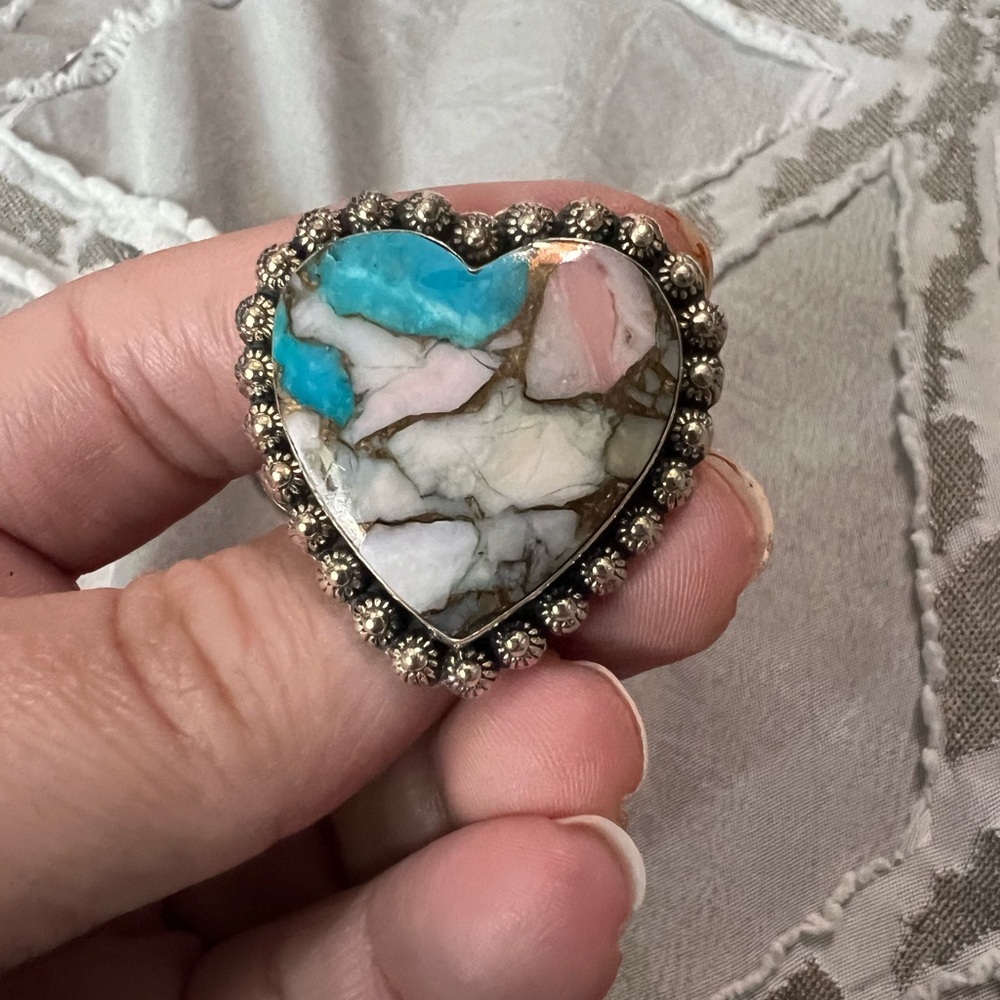 Sterling silver pink spiny oyster copper turquoise heart ring
